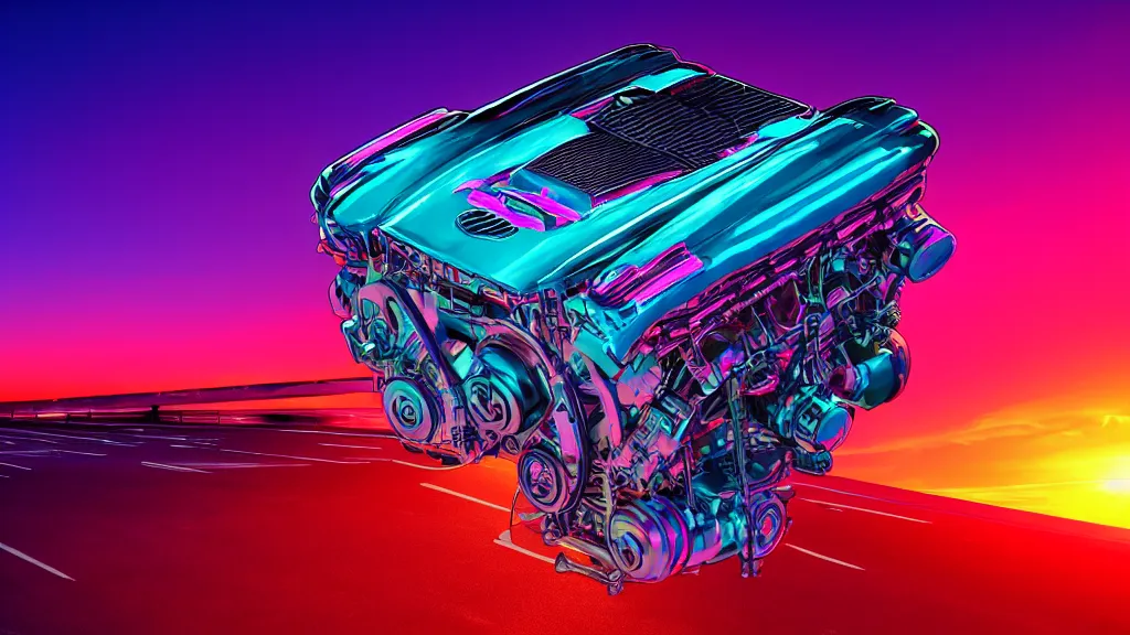 Image similar to neon synthwave hemi v 8 engine, at sunset, 8 k. filling most of the view