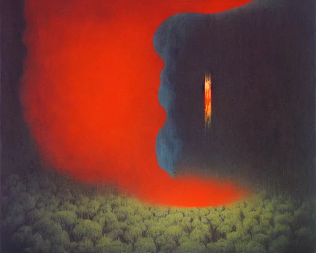 Prompt: fire painting by magritte and beksinski.