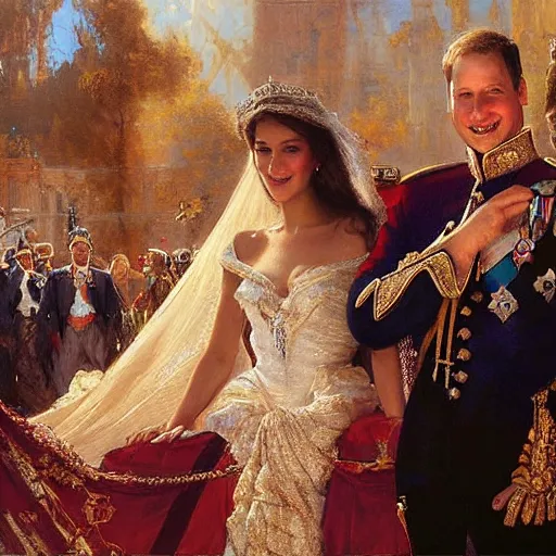 Image similar to the painting of prince william and bella hadid's royal wedding, art by gaston bussiere, craig mullins, j. c. leyendecker, realistic human faces, smiling faces, royal wedding, england