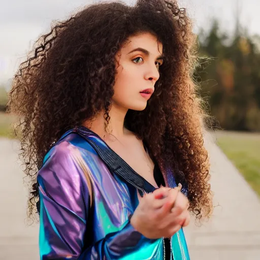 Image similar to selfie of a young woman, wearing a translucent and iridescent jacket over a tank top, curly long hair, caucasian, sigma 85mm f/1.4, 4k, depth of field, high resolution, 4k, 8k, hd, full color