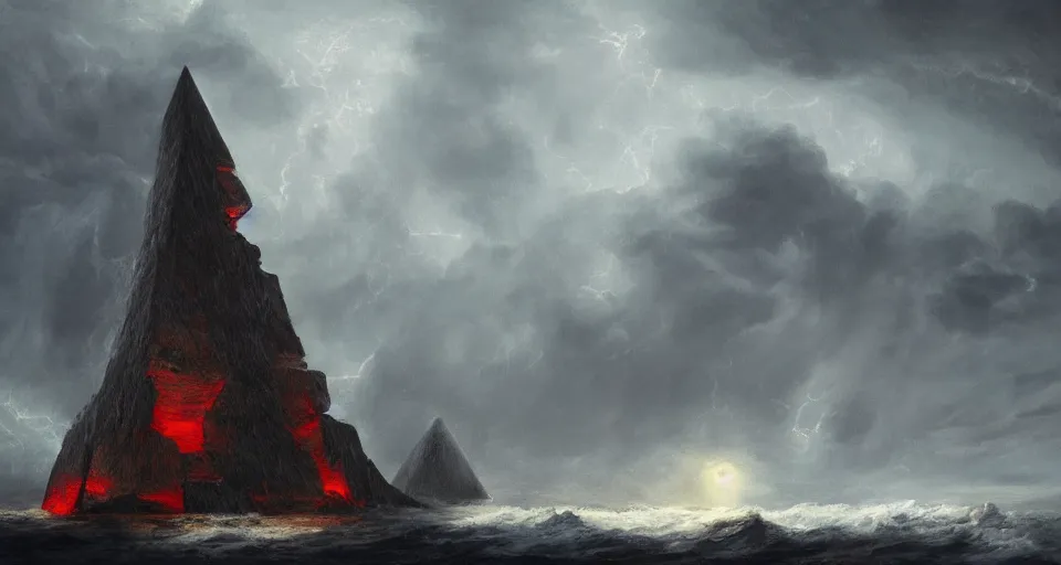 Image similar to black lovecraftian obsidian pyramid!! on a snowy island surrounded by raging stormy seas by eugene von guerard, ivan shishkin, night, red lightning!!, storm, dramatic lighting, concept art, trending on artstation, 8 k