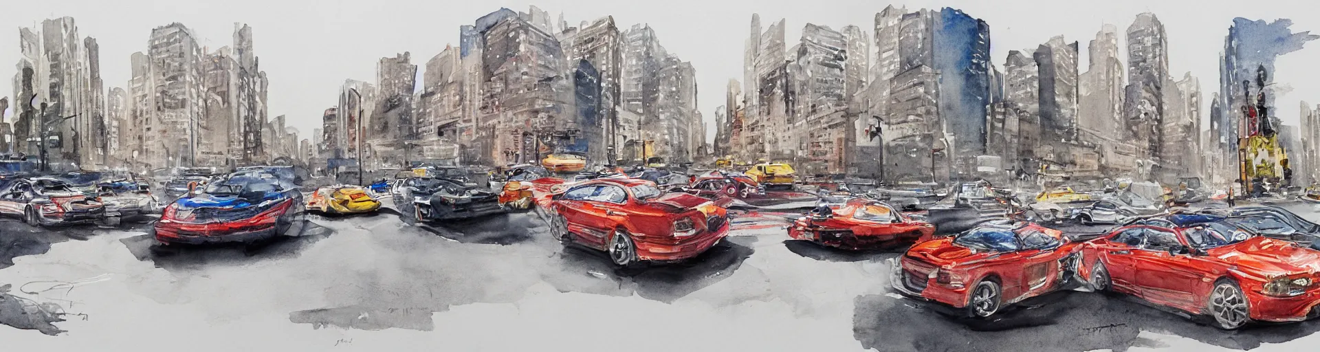 Image similar to a detailed watercolor sketch of cars racing in new york city