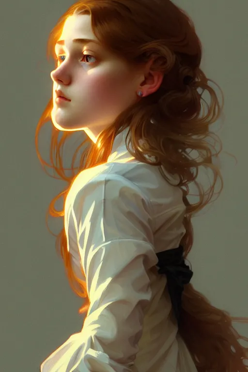 Prompt: portrait of a scottish teenage girl with dark blonde hair, glowing skin, intelligent face, school uniform, intricate, elegant, dress shirt, highly detailed, digital painting, artstation, concept art, smooth, sharp focus, illustration, art by Krenz Cushart and Artem Demura and alphonse mucha