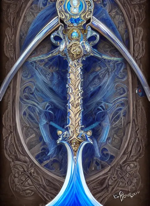 Prompt: blue fantasy sword, intricate, elegant, highly detailed, digital painting, 4k, HDR, concept art, detailed jewelry, smooth, sharp focus, illustration, art by Artgerm, H R Giger and Alphonse Mucha