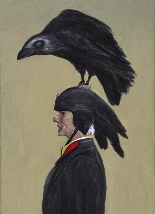 Image similar to a jet pilot with a crow head