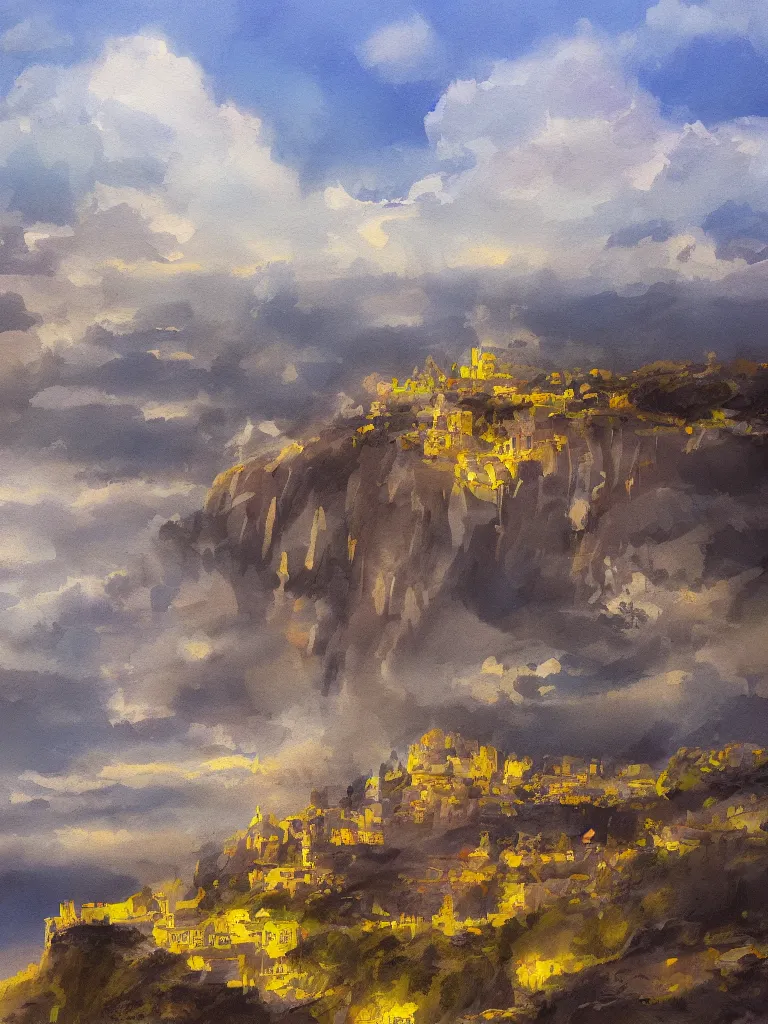 Prompt: painting of cliff, the small city is on the top, yellow sky, view from mount, trending on artstation