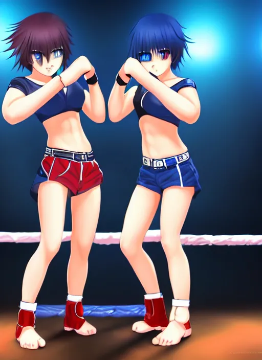 Image similar to two beautiful identical female fighters with short hair facing each other in ring, blue shorts, dim lighting, gorgeous features, high resolution, detailed anime art