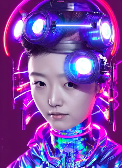 Prompt: portrait of female japanese android wearing a vr headgear and in an elaborate kimono dress, hologram hovering around her, intricate detail, cyber neon lighting, highly detailed, beautiful digital photography, artstation, glamor pose, concept art, art by pascal blanche, pinterest, artstation,