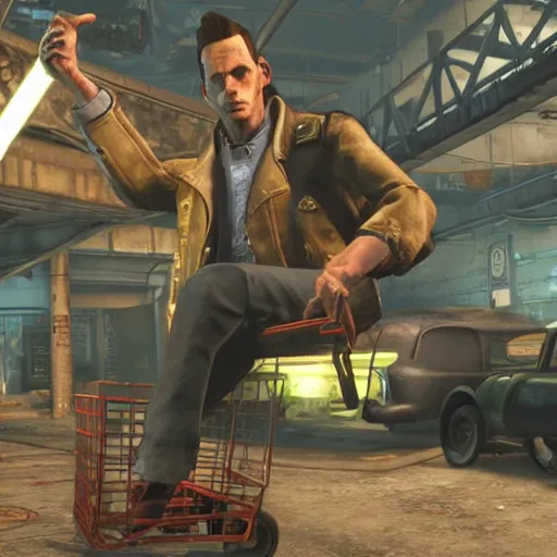 Image similar to nick valentine is sitting in a shopping cart, realism, stylization for fallout 4