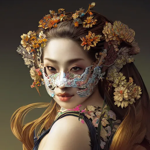 Image similar to a photorealistic dramatic fantasy render of a beautiful woman wearing a beautiful intricately detailed japanese monkey kitsune mask and clasical japanese kimono by wlop, artgerm, greg rutkowski, alphonse mucha, beautiful dynamic dramatic dark moody lighting, shadows, cinematic atmosphere, artstation, concept design art, octane render, 8 k