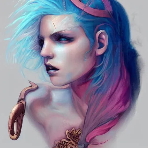 Image similar to beautiful warrior angel with pink hair, upper body, blue piercing eyes, mystery, love, thin features, beautiful aesthetic, by james jean, trending on artstation, digital art