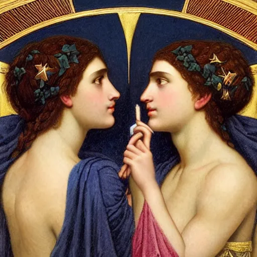 Image similar to the night crown, by John William Godward and Annie Swynnerton, embroidered robes, starry tattoos, elaborate costume, geometric ornament, symbolist, soft colors, dramatic lighting, smooth, sharp focus, extremely detailed