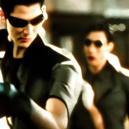 Prompt: trinity fighting cops. Matrix movie screenshot. Epic keyframe.