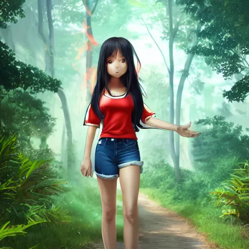 Prompt: nagatoro accurate brown skin color, using white and red tight raglan sleeves, tight blue jeans, in a tropical forest, burning hair glowy fire flames hair in flames hair fire hair on fire, artstation, 3 d ray tracing, lumen, octane render flawless masterpiece concept art professionally post processed by wlop