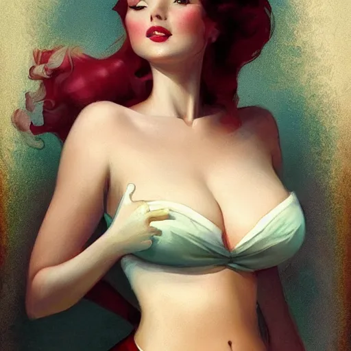 Prompt: a portrait of a pretty woman with belly and bosom showing by charlie bowater and anna dittmann and gil elvgren.