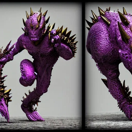 Image similar to cute monster, rubber spikes on the body, rubber skin spikes, spikes are from rubber, purple skin, skinny, gold armor, battleground background, battlefield, concept art, artstation, award winning, high detailed, 4k, 8k, hd textures, octane render, intricate details, volumetric lighting, realistic, hyperdetailed