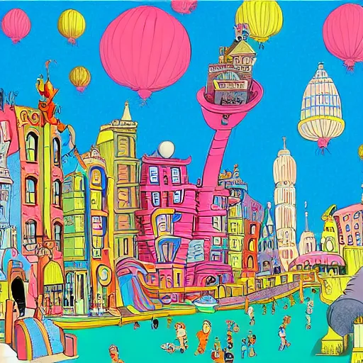 Image similar to fanciful city filled with curvy buildings, by dr seuss, oh the places you'll go, arches, platforms, towers, bridges, stairs, colorful kids book illustration