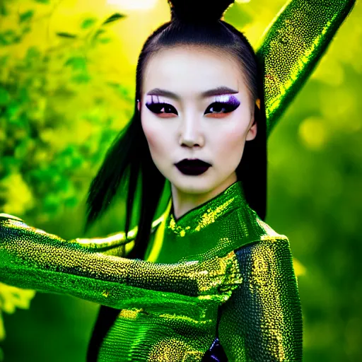 Prompt: a beautiful portrait photo of a very beautiful young Chinese female model wearing futuristic cyber gothic outfit, bright green streaks of hair, playful pose, golden hour, lush flowery outdoors, portrait photography, Zeiss 150mm f/2.8 Hasselblad