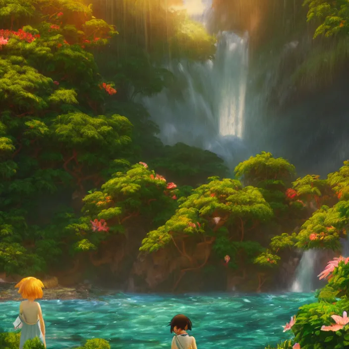 Image similar to an epic makoto shinkai and renoir landscape with a hawaiian waterfall, golden hour, 🌺, ultra smooth, octane render, lois van baarle, ilya kuvshinov, unreal engine, blender, trending on artstation, suntur, caleb worcester, highly detailed, photorealism, bloom effect