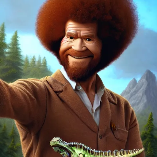 Image similar to bob ross!!! riding!!! a dinosaur!!, giant afro!, model pose, ultra realistic, concept art, intricate details, highly detailed, photorealistic, octane render, 8 k, unreal engine. art by artgerm and greg rutkowski and alphonse mucha