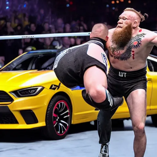 Image similar to a humanoid car wrestling conor mcgregor, ultra detailed, ultra realistic