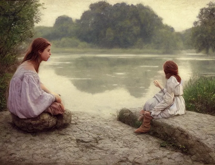 Image similar to peasant girl sitting on a stone by a shore of river, cottage core, cinematic focus, polaroid photo bleached vintage pastel colors high - key lighting, soft lights, foggy, by steve hanks, by lisa yuskavage, by serov valentin, by tarkovsky, 8 k render, detailed, oil on canvas