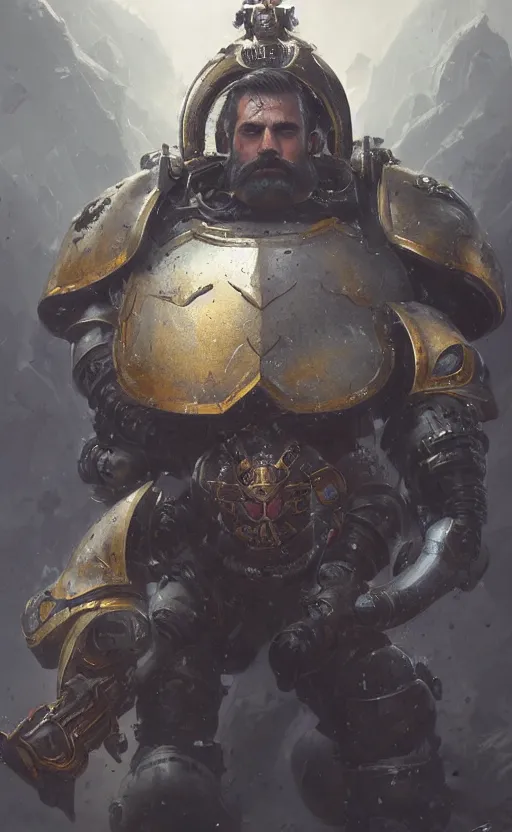 Image similar to portrait of a man with a bushy moustache wearing space marine armor, concept art, warhammer, moustache, fantasy, highly detailed, cinematic lighting, digital painting by greg rutkowski