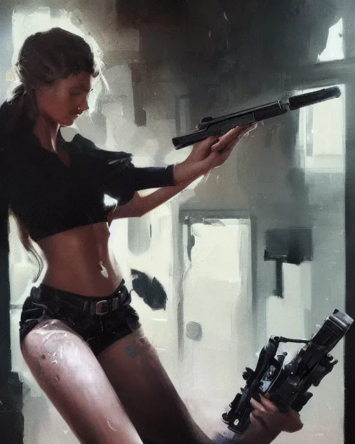 Image similar to Hyper realistic painting of a girl holding a gun, noir, hyper detailed, by greg rutkowski, trending on artstation