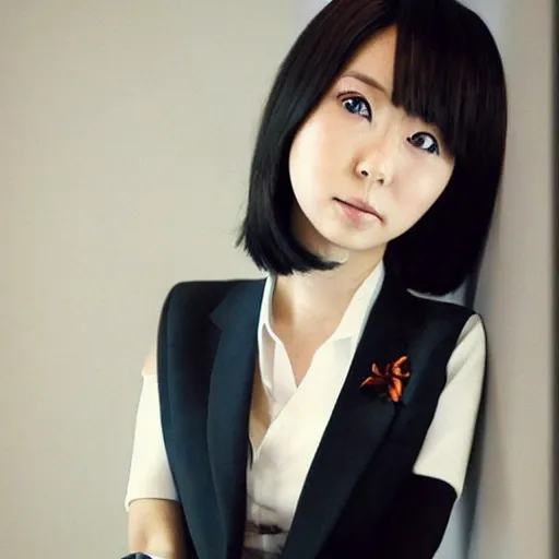 Image similar to a pretty young girl of 2 5, japanese, with big eyes, short shoulder - length hair and a suit ， by ringeko