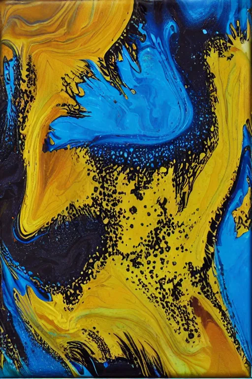 Image similar to acrylic paint pour, marbling, very detailed, large white border, 144x144 canvas, hd, high resolution print :1 Cyan, Yellow and Black :1