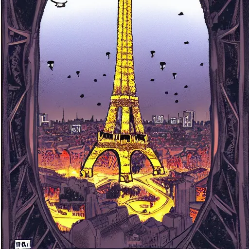 Image similar to Comic artwork of a dark futuristic version Paris in France with drones flying around the Eiffel tower