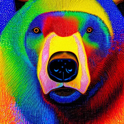 Image similar to a painting of a bear's face with red, yellow, and blue colors, a pointillism painting by mati klarwein, shutterstock contest winner, computer art, impressionism, digitally enhanced, painterly