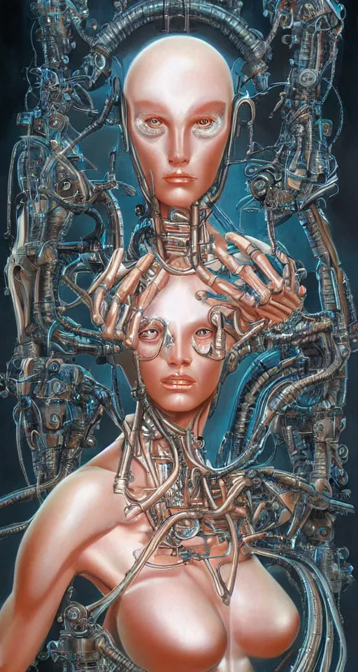 Image similar to a robotic goddess with transparent milky white skin, highly detailed, digital painting, smooth, sharp, beautiful female, expressive eyes, highly intricate, art by Boris Vallejo and H.R. Giger