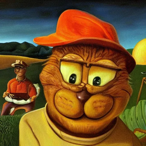 Image similar to surrealist painting of garfield as a farmer, high detail