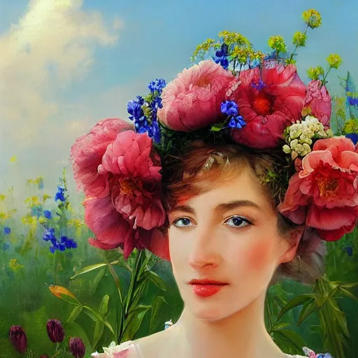 Image similar to a portrait of a romantic woman with flowers grow out of hair, roses peonies forget-me-nots dahlias lupins gladioli, sky theme in background, by Alexandr Averin, Digital Art, Trending on artstation