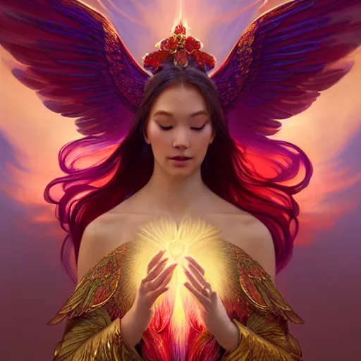 Prompt: a beautiful orchid phoenix angel woman, in an ornamented dress with large wings, volumetric light, god rays, 8 k high resolution, rubies, by greg rutkowski, artgerm, alphonse mucha