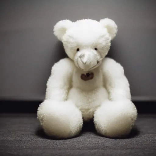 Image similar to a photograph of a white teddy bear laying on a bed crying, tears going down its face, focus shot, flashlight, 35mm film, low contrast, hd