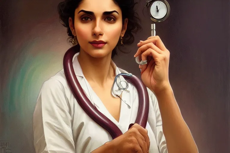 Image similar to sensual pale beautiful indian doctor in jeans with stethoscope, art deco portrait, elegant, intricate, digital painting, artstation, concept art, smooth, sharp focus, illustration, art by artgerm and greg rutkowski and alphonse mucha