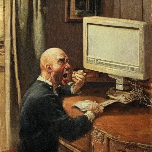 Image similar to an angry man yells at his computer monitor, oil on canvas, 1 8 8 3, highly detailed