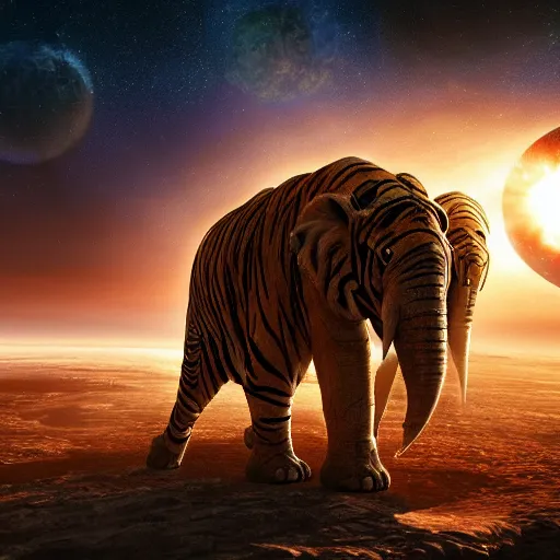 Image similar to planet - sized tiger elephant in space, next to the sun and stars, very wide shot, epic composition, hyper detailed, digital art, trending in artstation, cinematic lighting, studio quality, unreal engine 5 rendered, art style by klimt and nixeu and ian sprigger and wlop and krenz cushart