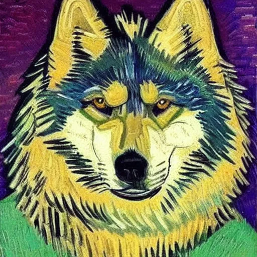 Image similar to retarded wolf portrait, van gogh style