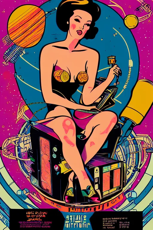 Prompt: a 5 0 s art deco tattooed pinup girl at the interior of an international space station fuill of electronic equipment, poster art by milton glaser, kilian eng, moebius, behance contest winner, psychedelic art, concert poster, poster art, maximalist