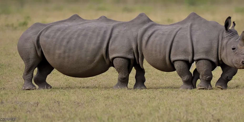 Prompt: a rhino standing opposed to a hippo, a standoff in the African savanna
