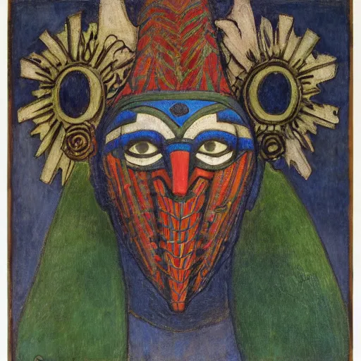 Image similar to head of a shaman wearing a mask made of enamelled flowers, by annie swynnerton and jean delville and john watkiss and rufino tamayo and diego rivera, art deco shaman, stylized geometric flowers, art brut, symbolist, dramatic lighting, god rays, clean crisp graphics, smooth sharp focus, extremely detailed, adolf wolfli