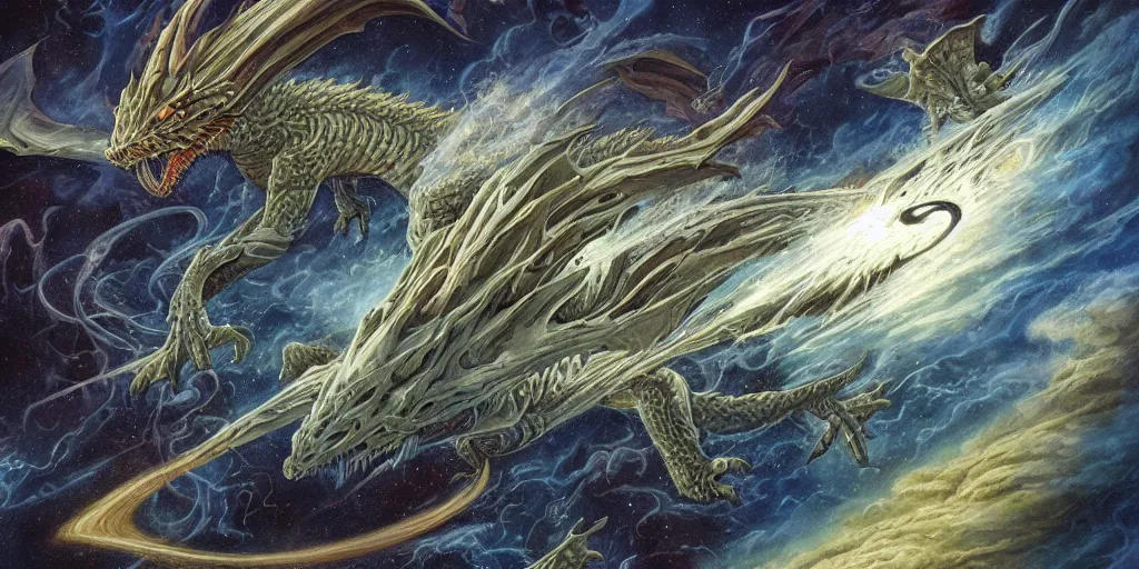 Prompt: a dragon flying through space, Dan Seagrave art