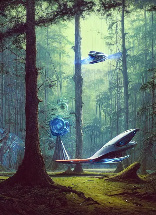 Image similar to hyper realistic spaceship in the woods by a river gorgeous lighting, lush forest foliage blue sky a hyper realistic painting by chiara bautista and beksinski and norman rockwell and greg rutkowski, weta studio, and lucasfilm