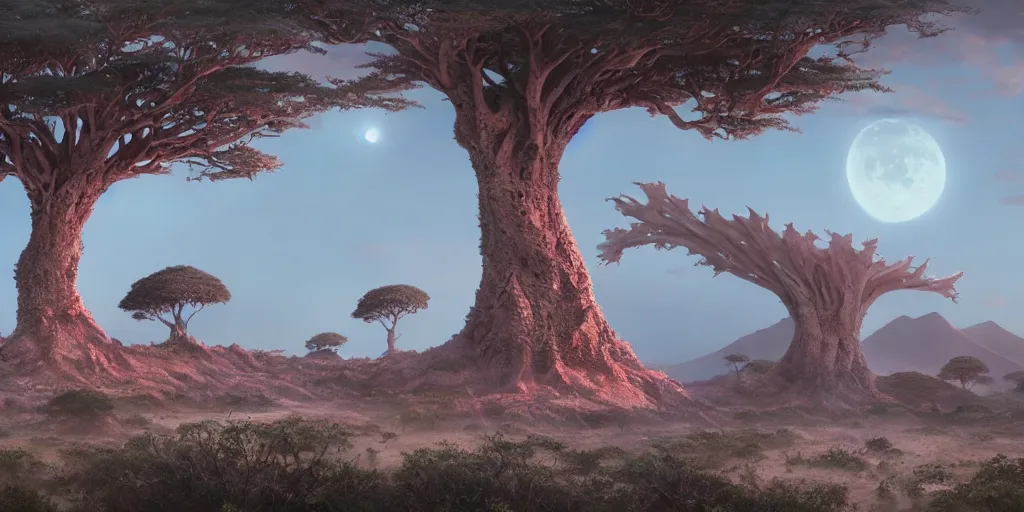 Prompt: moonlit socotra island with dragon trees, sharp focus, wide shot, trending on ArtStation, masterpiece, by Greg Rutkowski, by Ross Tran, by Fenghua Zhong, octane, soft render, ultrarealistic, colorful, cinematic, horizon forbidden west