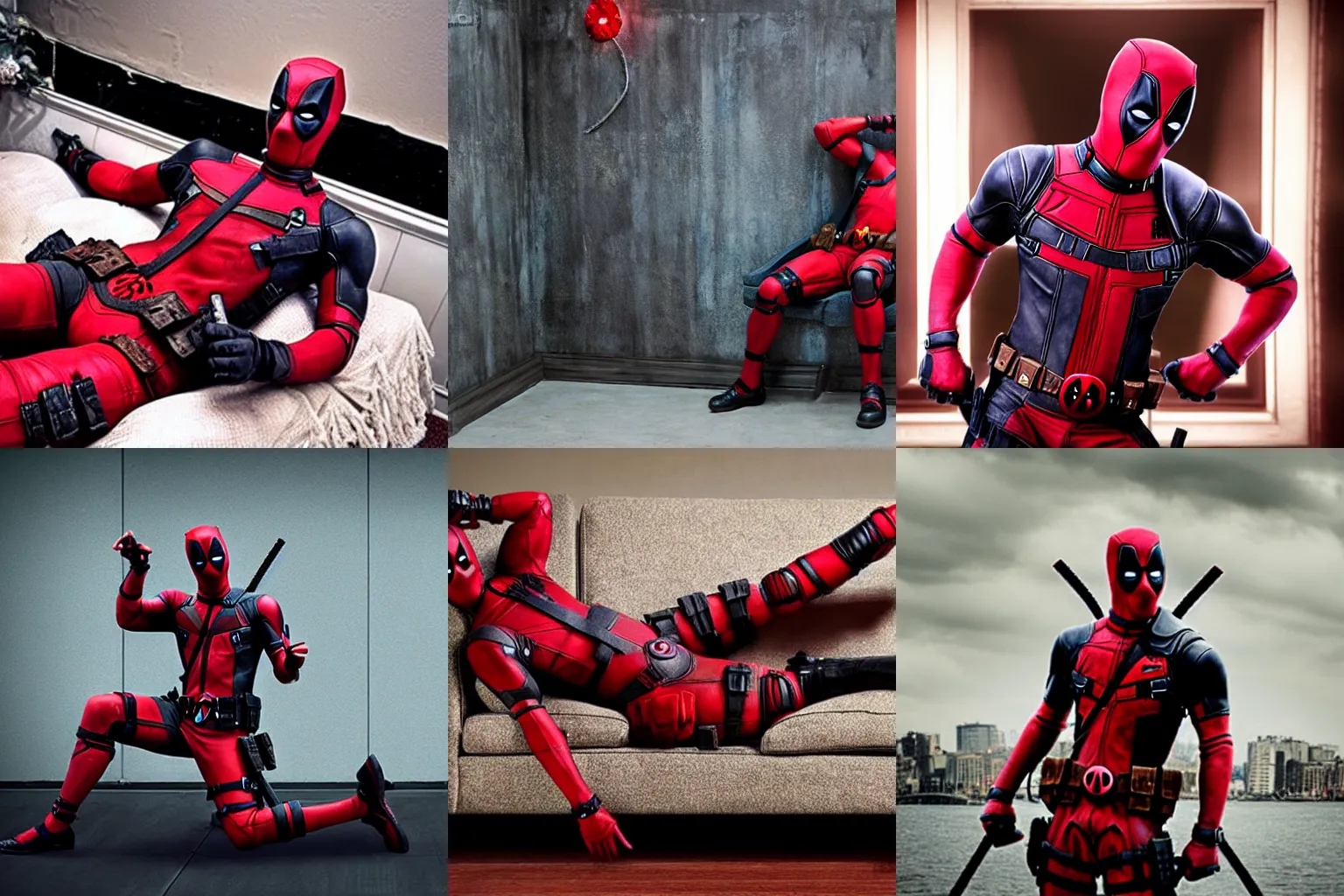 Prompt: Deadpool posing like rose from titanic, Deadpool live action costume, paint me like one of your French girls, Ryan Reynolds dead pool, laying on a sofa, romantic, mood lighting, realistic 4k, photo real
