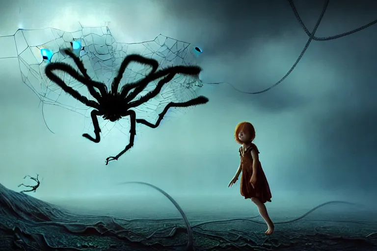 Image similar to realistic detailed photorealistic film portrait shot of a ghost kid playing with giant spider, futuristic sci-fi landscape on background by Denis Villeneuve, Amano, Yves Tanguy, Alphonse Mucha, Ernst Haeckel, Max Ernst, Andrei Tarkovsky, Edward Robert Hughes, Roger Dean, necklace, dynamic pose, rich moody colours, wide angle, blue eyes