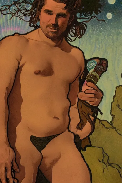 Prompt: an ethereal tarot painting of a rugged shirtless cowboy with a stocky build and beer belly | background is a serene campfire | cans of beans and jugs of whisky | tarot card, art deco, art nouveau | by Mark Maggiori and Alphonse Mucha | trending on artstation